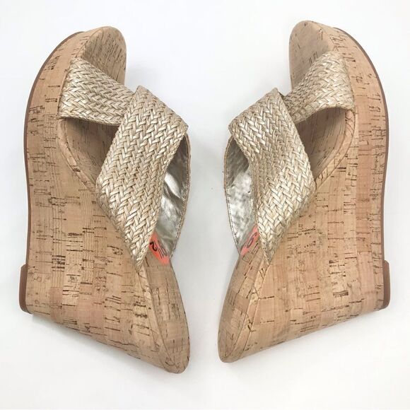 Nine West Gold Weave Crisscross Cork Wedge Sandals NEW - Picture 4 of 14